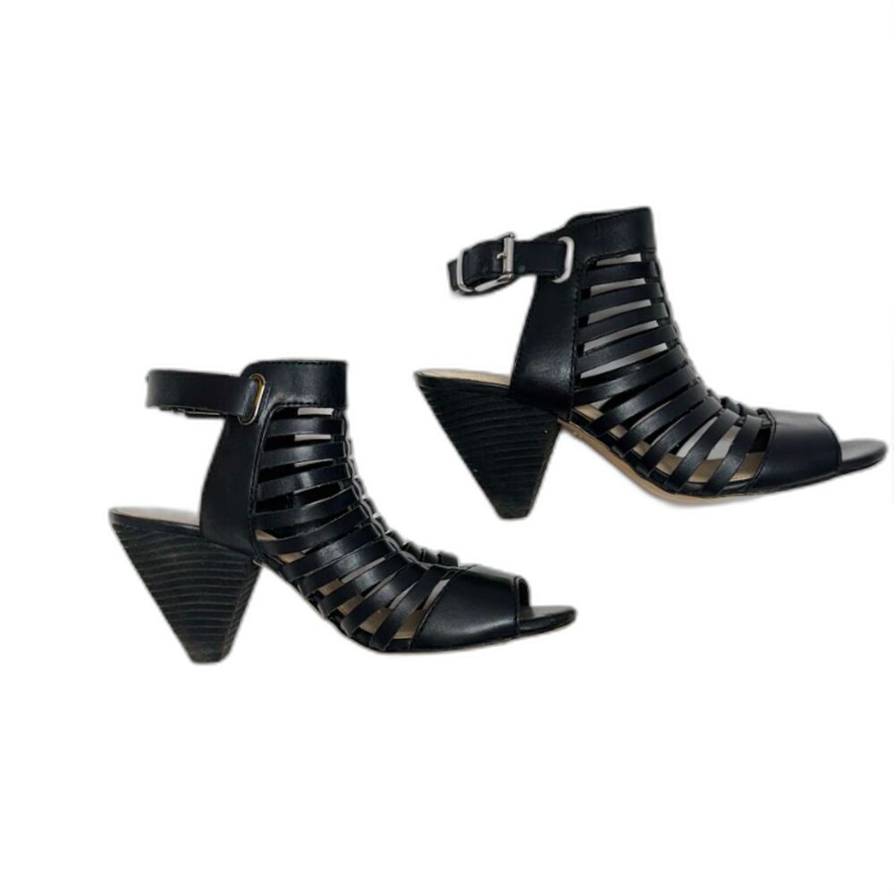 Vince Camuto Black Cage Sandals Womens 8M Open Toe Cone Heel Ankle Strap